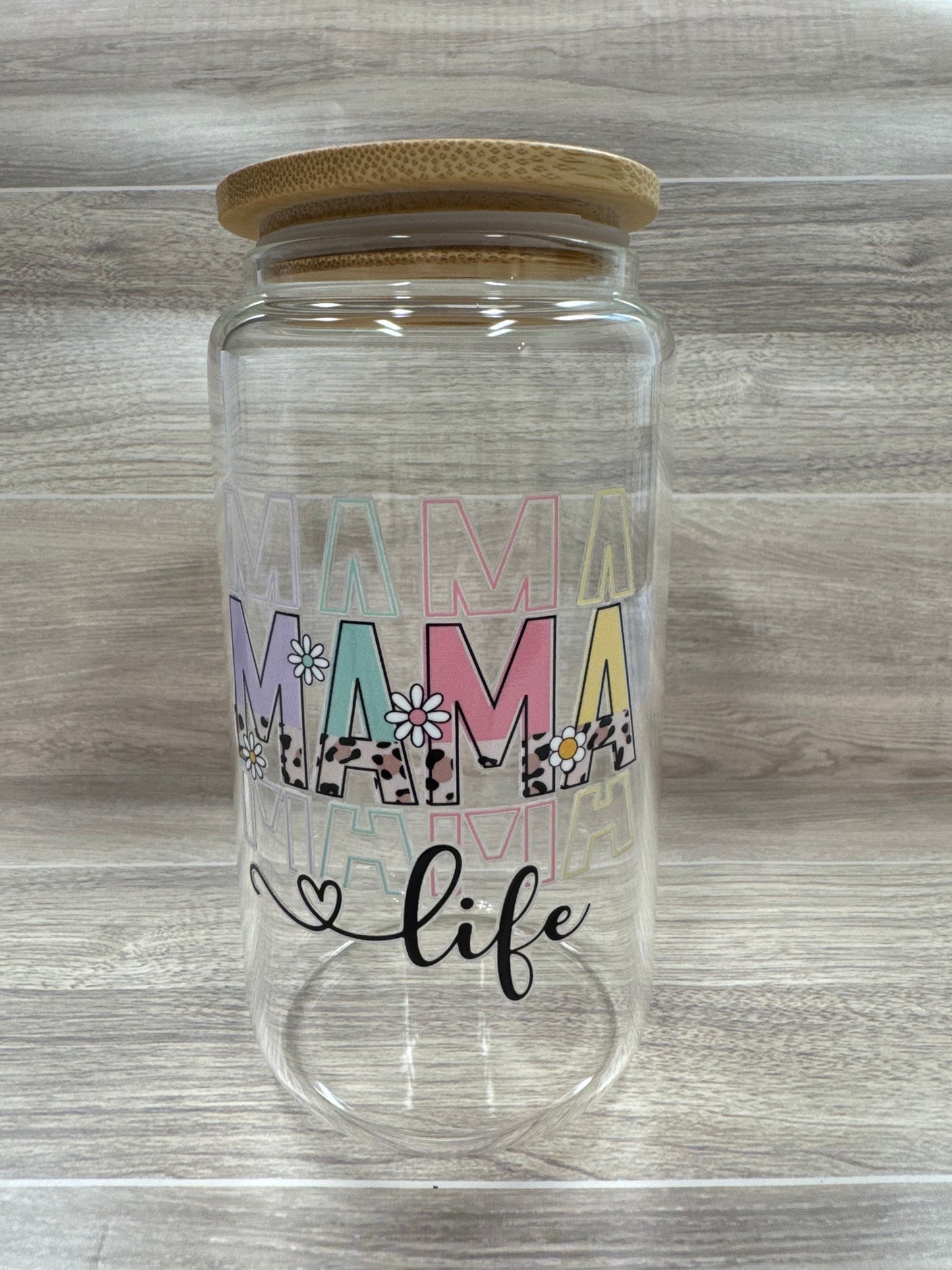 Glass Cups with Bamboo Lids & Straw - 16 oz - MAMA, COFFEE, MISC
