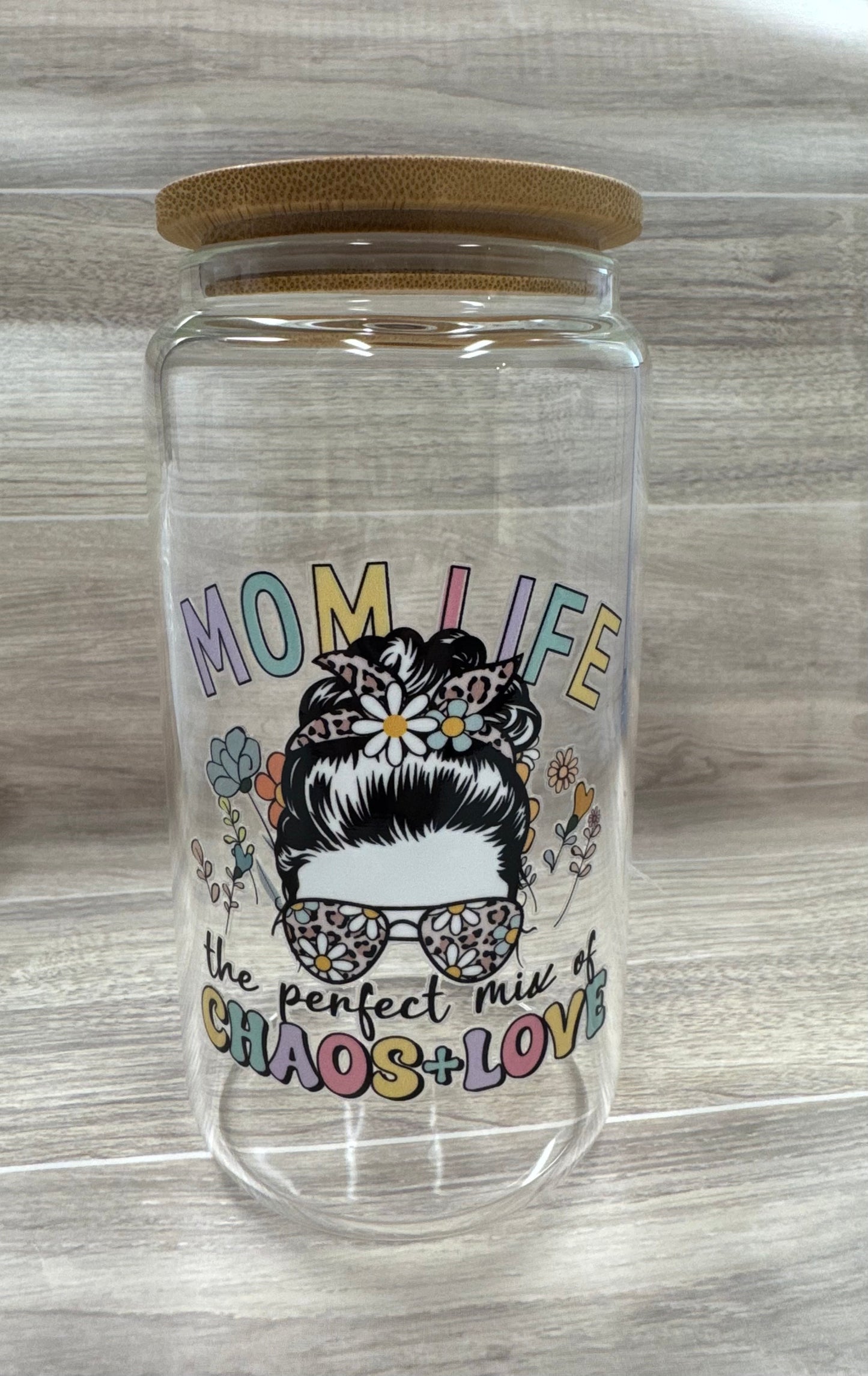 Glass Cups with Bamboo Lids & Straw - 16 oz - MAMA, COFFEE, MISC