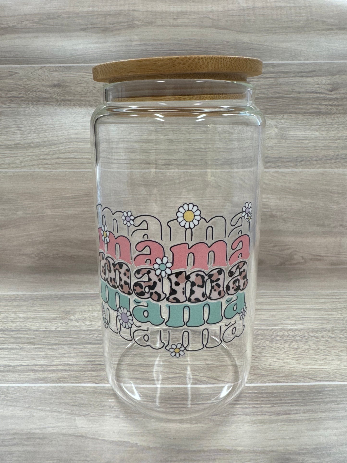 Glass Cups with Bamboo Lids & Straw - 16 oz - MAMA, COFFEE, MISC