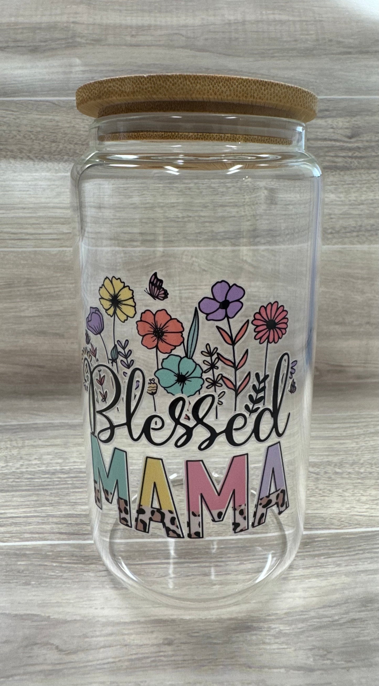 Glass Cups with Bamboo Lids & Straw - 16 oz - MAMA, COFFEE, MISC