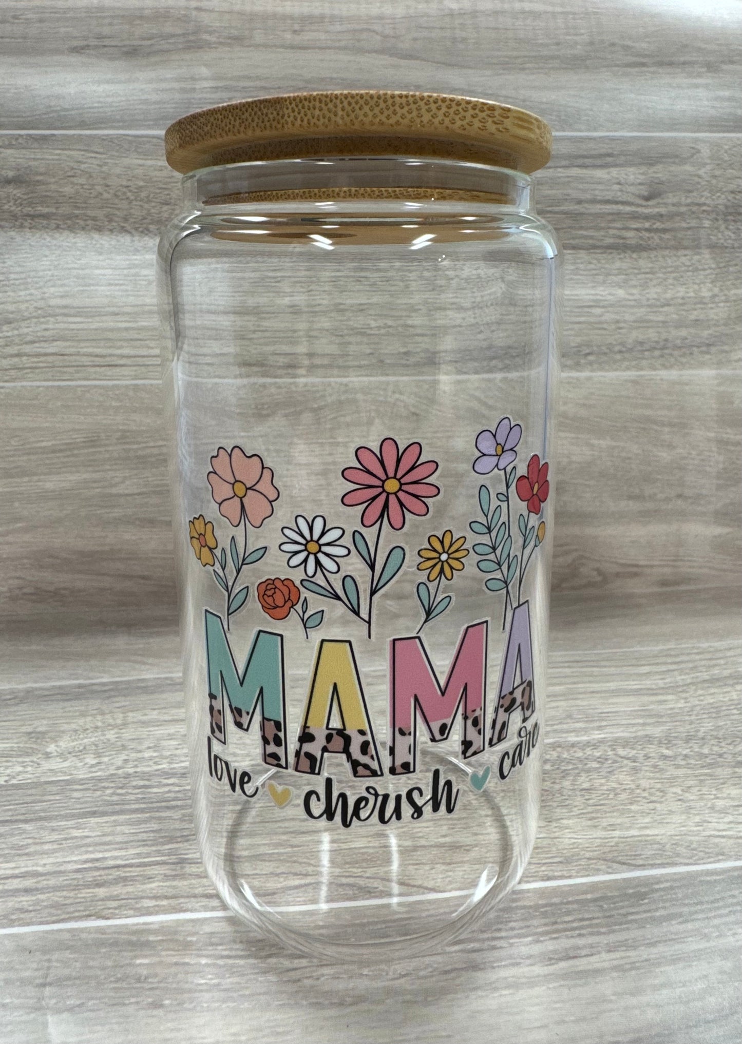Glass Cups with Bamboo Lids & Straw - 16 oz - MAMA, COFFEE, MISC