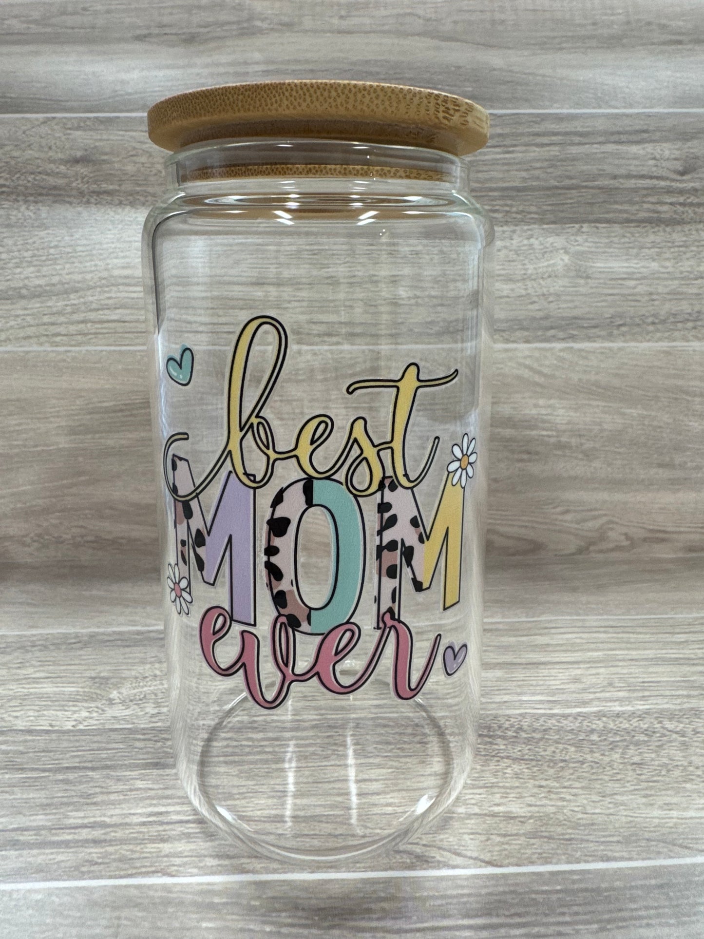 Glass Cups with Bamboo Lids & Straw - 16 oz - MAMA, COFFEE, MISC