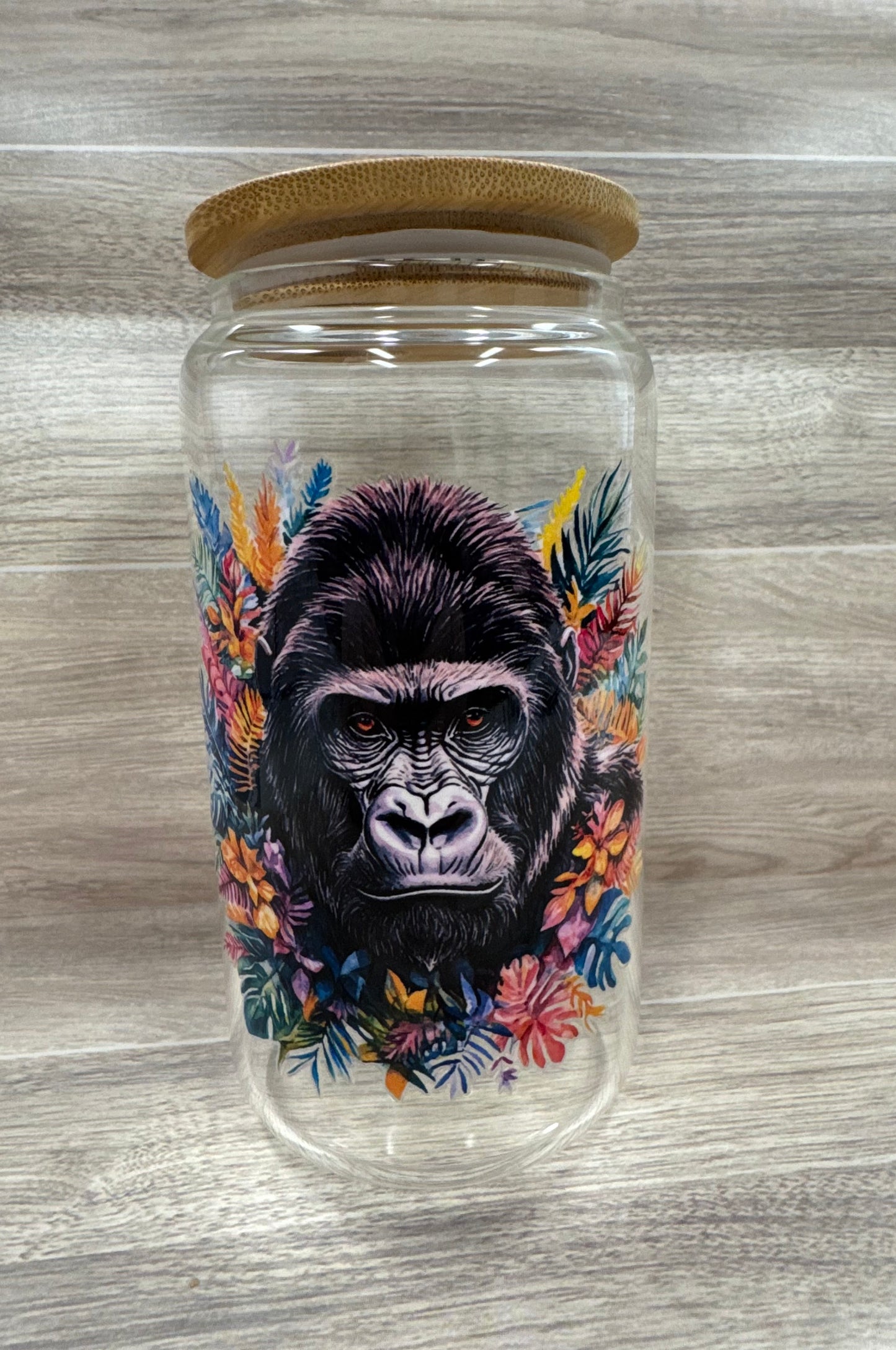 Glass Cups with Bamboo Lids & Straw - 16 oz - ANIMALS