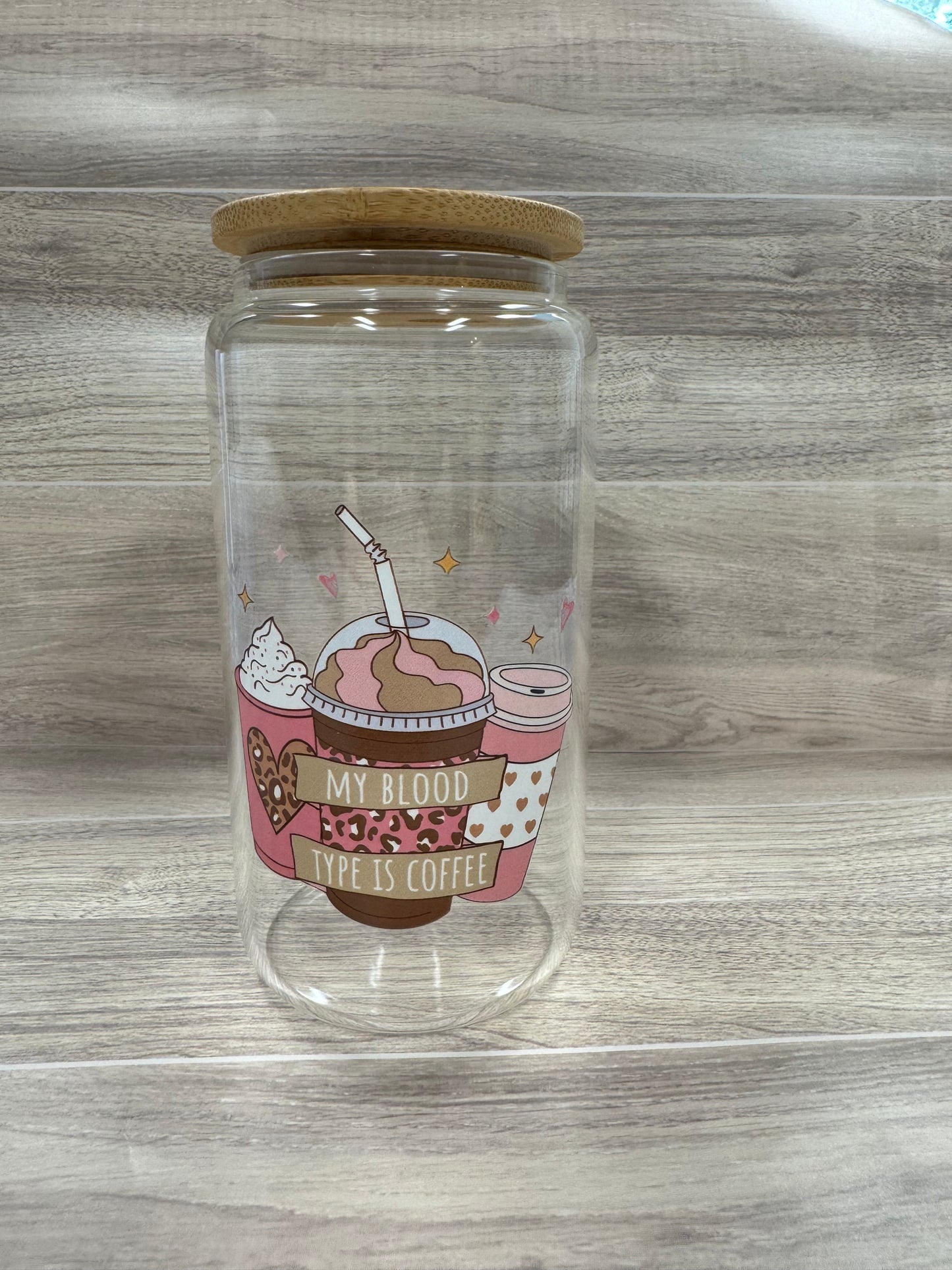 Glass Cups with Bamboo Lids & Straw - 16 oz - MAMA, COFFEE, MISC