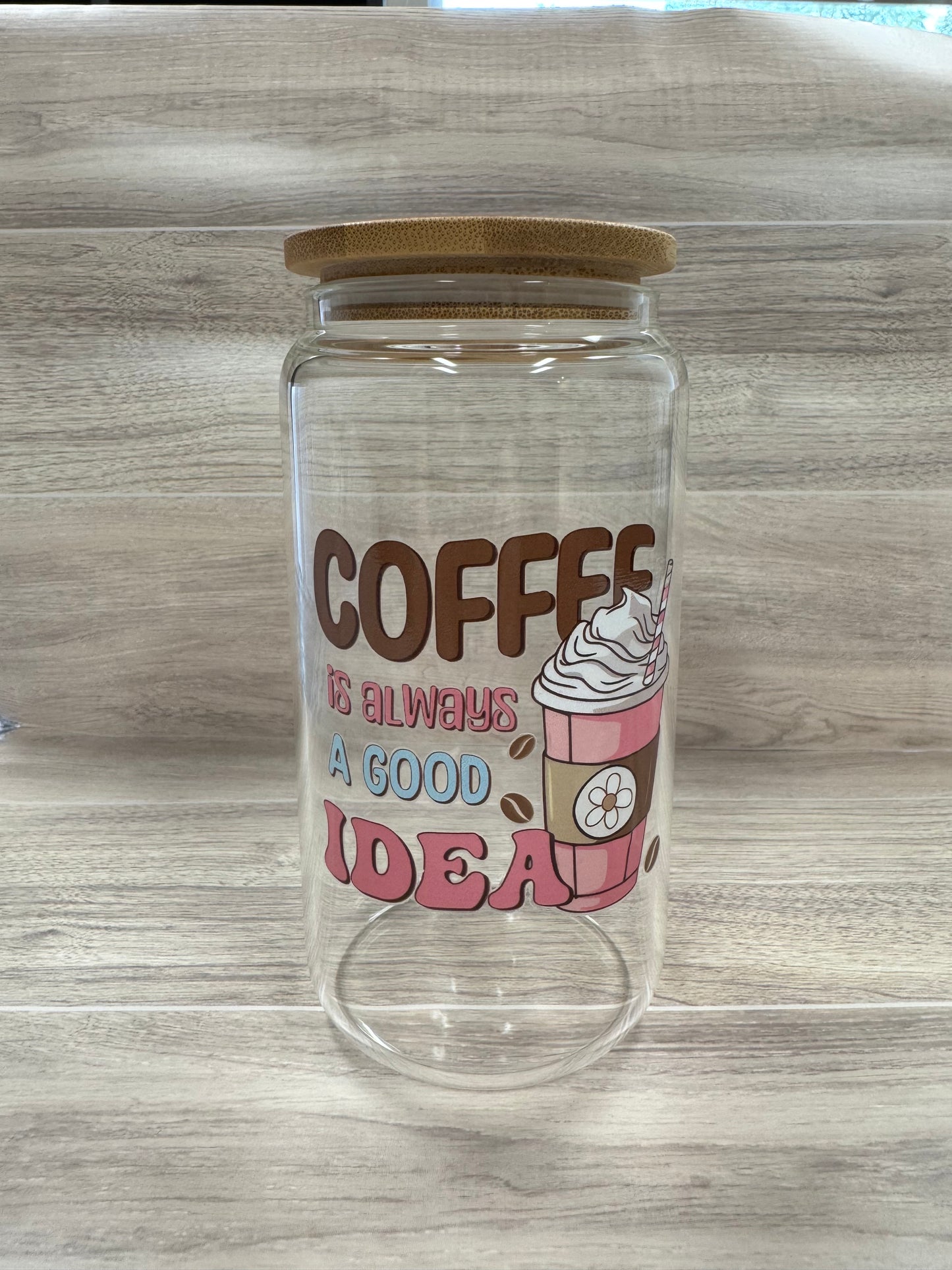 Glass Cups with Bamboo Lids & Straw - 16 oz - MAMA, COFFEE, MISC