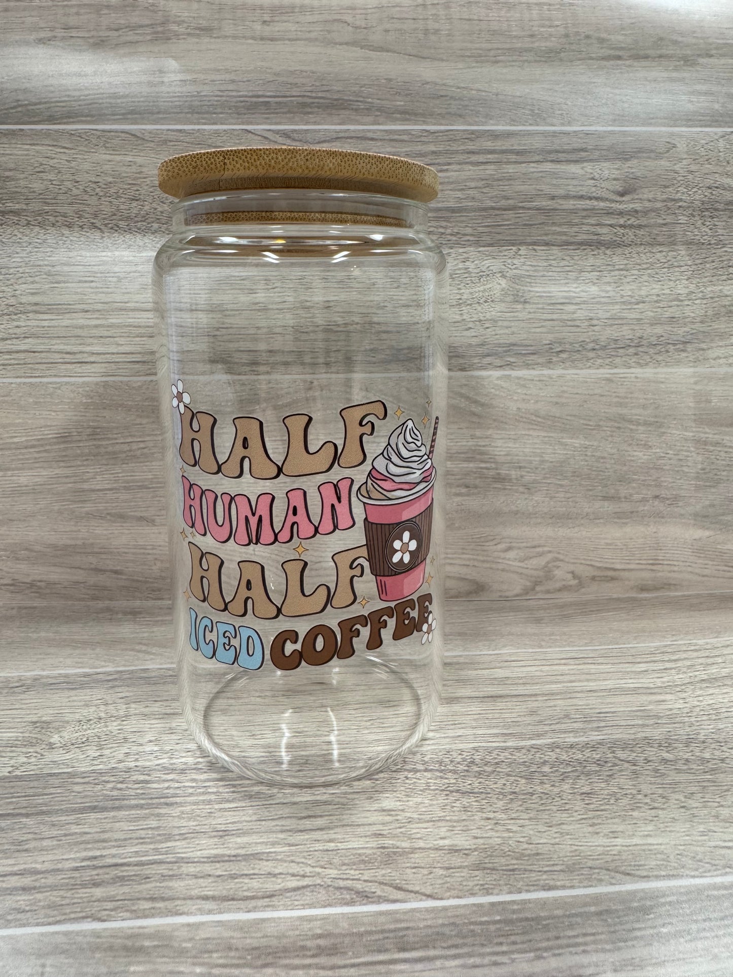Glass Cups with Bamboo Lids & Straw - 16 oz - MAMA, COFFEE, MISC