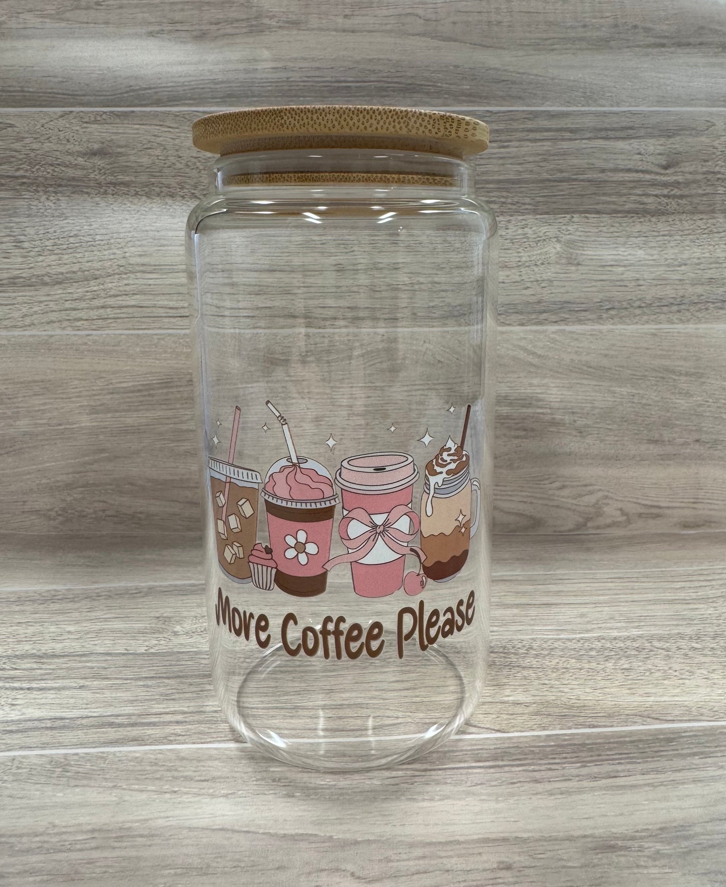 Glass Cups with Bamboo Lids & Straw - 16 oz - MAMA, COFFEE, MISC