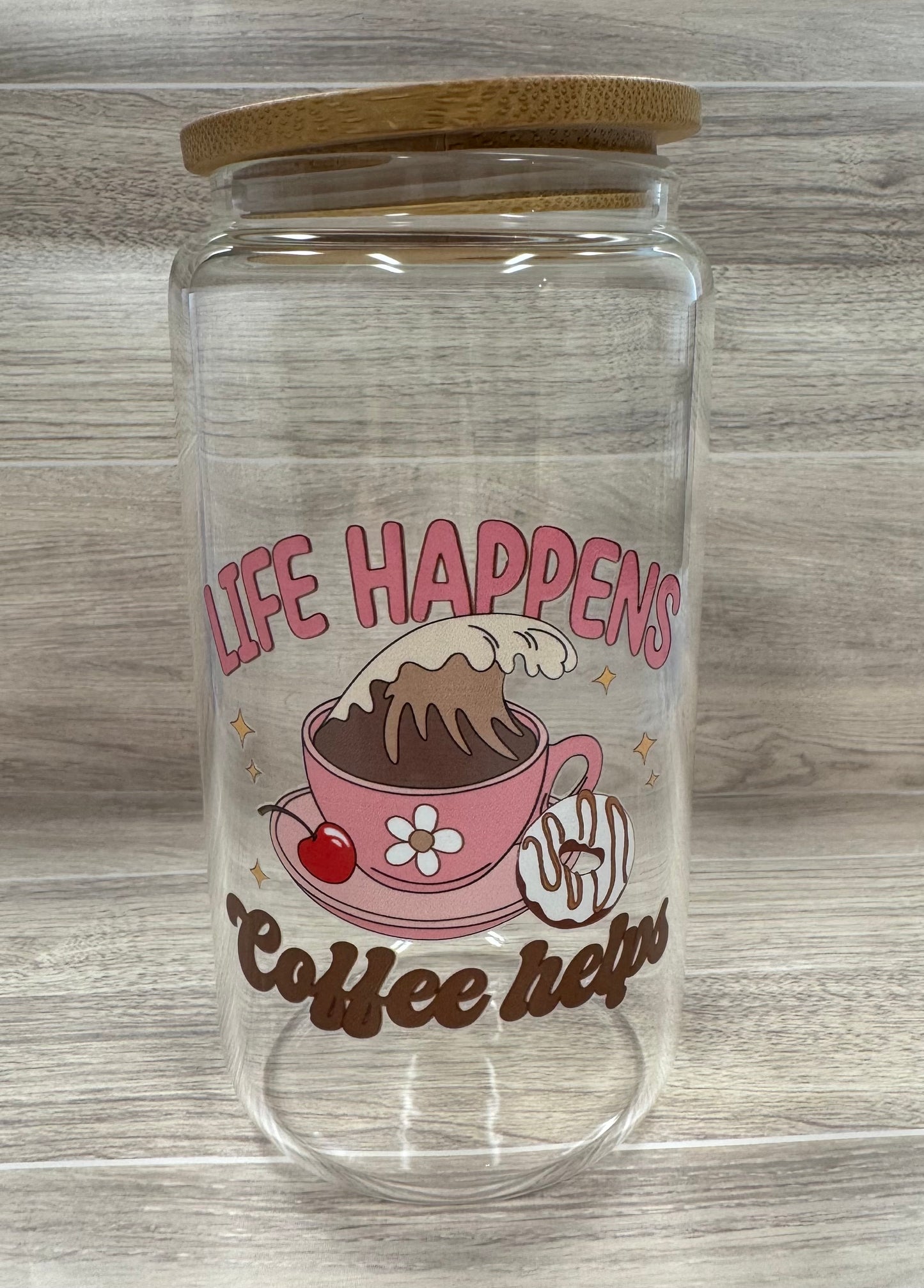 Glass Cups with Bamboo Lids & Straw - 16 oz - MAMA, COFFEE, MISC