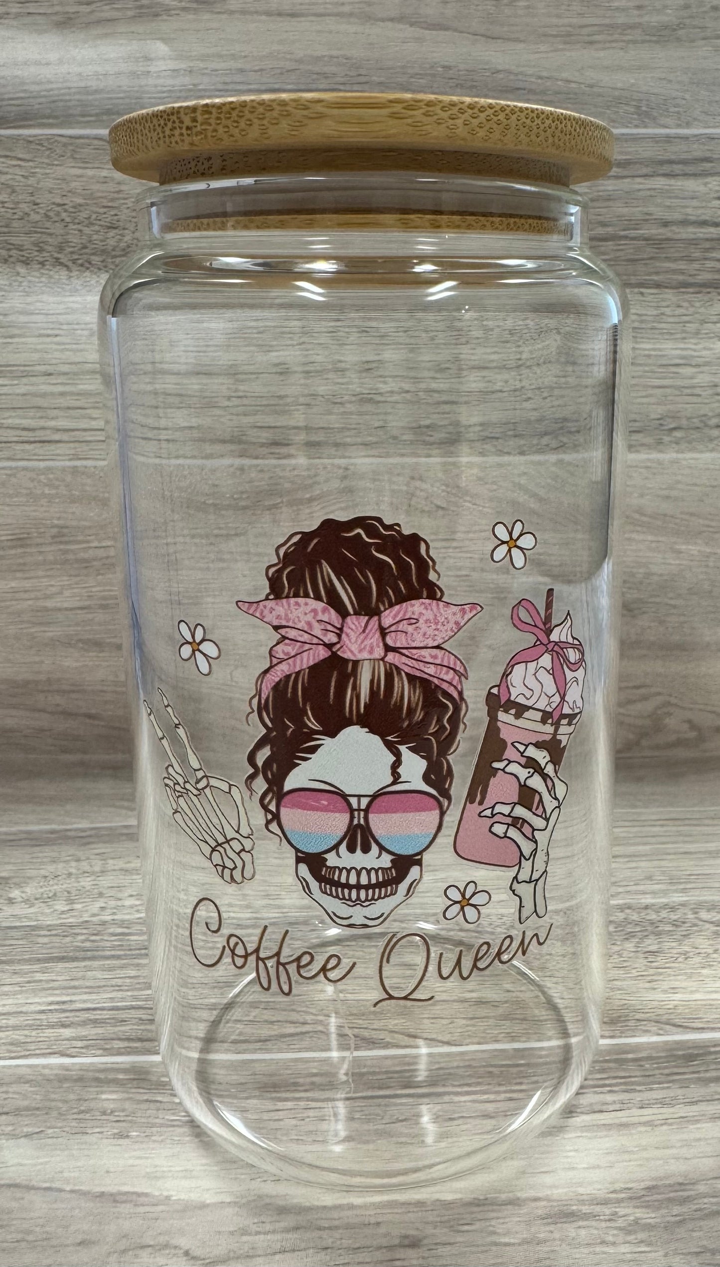 Glass Cups with Bamboo Lids & Straw - 16 oz - MAMA, COFFEE, MISC