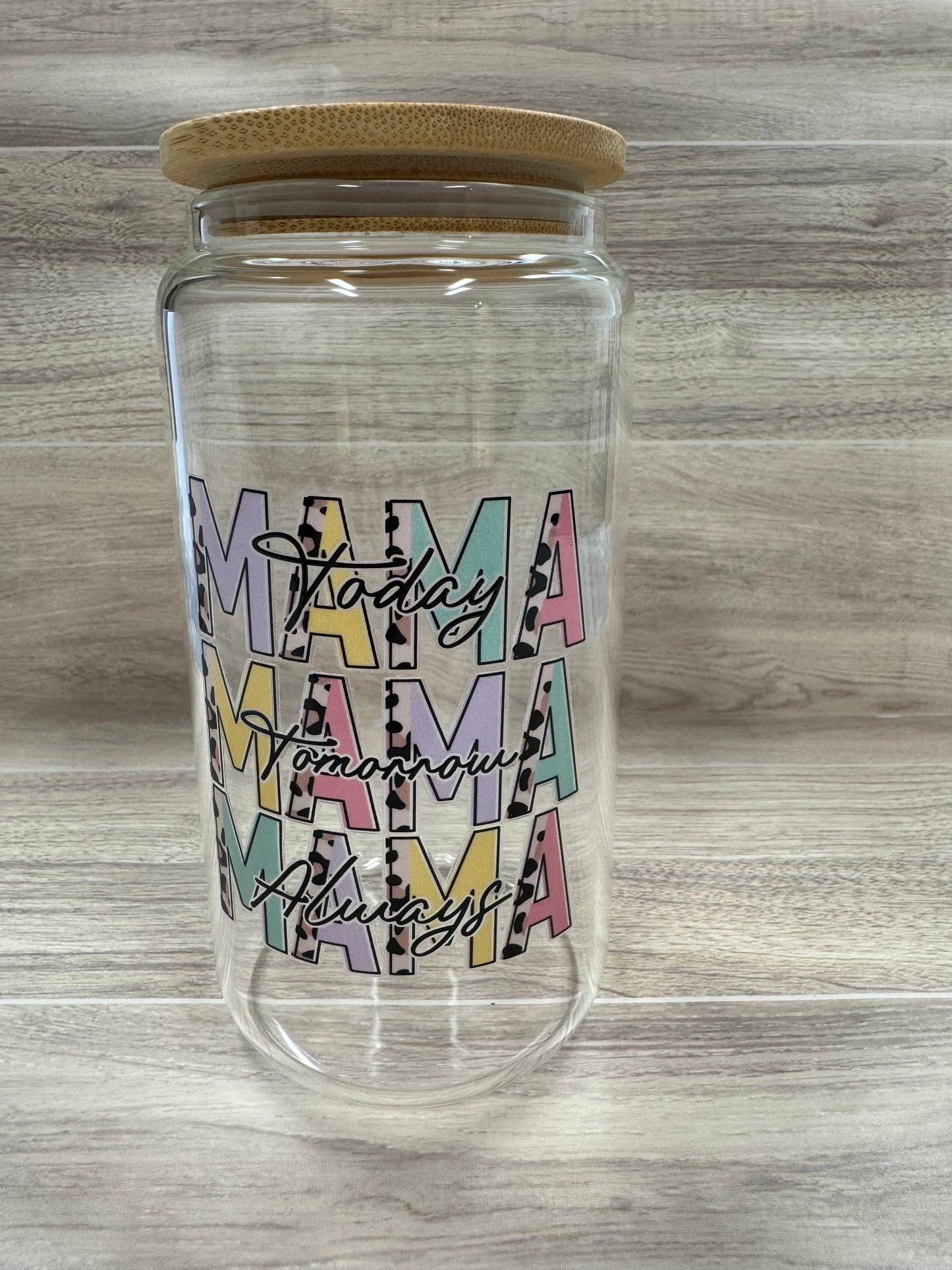 Glass Cups with Bamboo Lids & Straw - 16 oz - MAMA, COFFEE, MISC