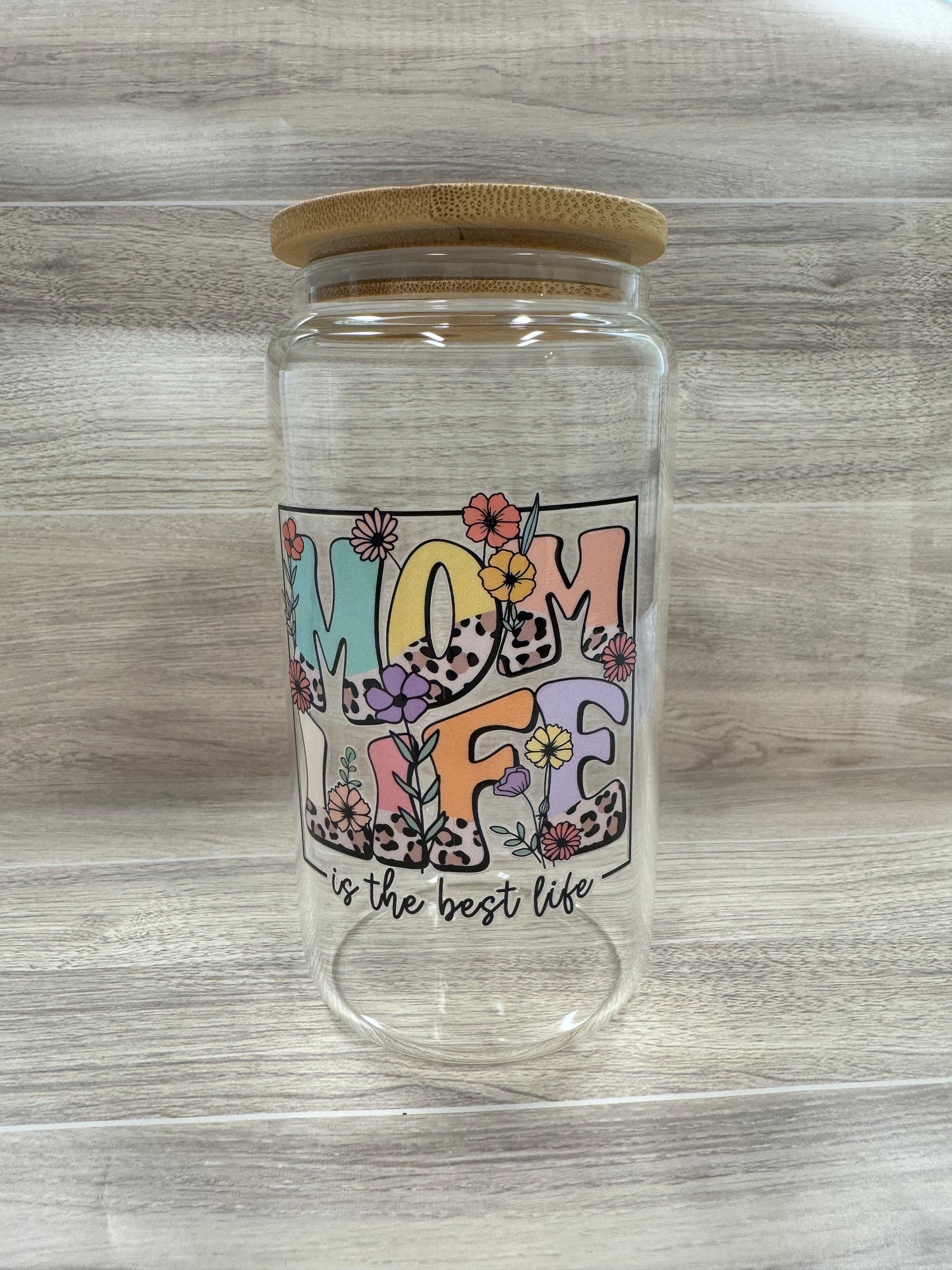 Glass Cups with Bamboo Lids & Straw - 16 oz - MAMA, COFFEE, MISC